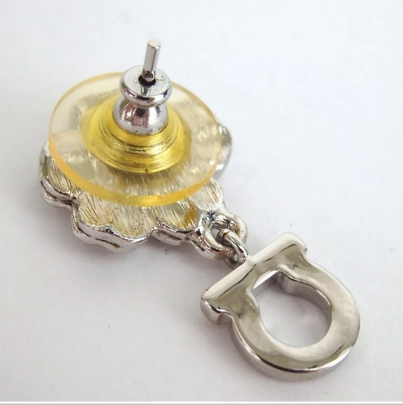 Rare SALVATORE FERRAGAMO Silver Gancini Flower rhinestones Dangling EARRINGS - Picture 2 of 2